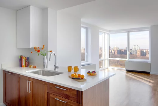 Light filled living rooms offering stunning views of New York City.