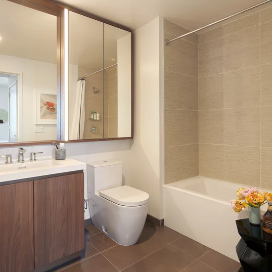 Luxurious bathrooms feature a walnut vanity, white quartz counters, and a mirrored medicine cabinet with integrated lighting